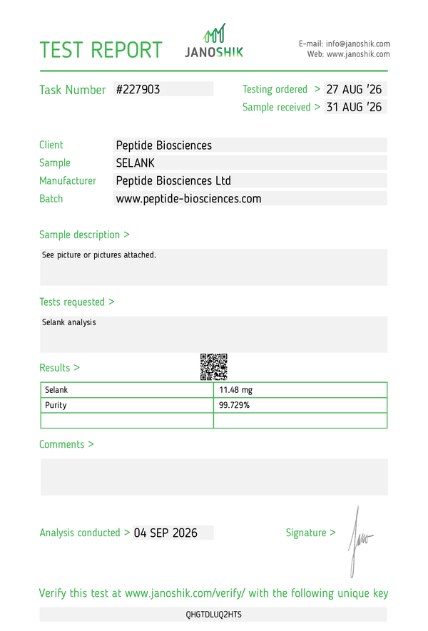 Selank Certificate of Analysis (HPLC purity report)