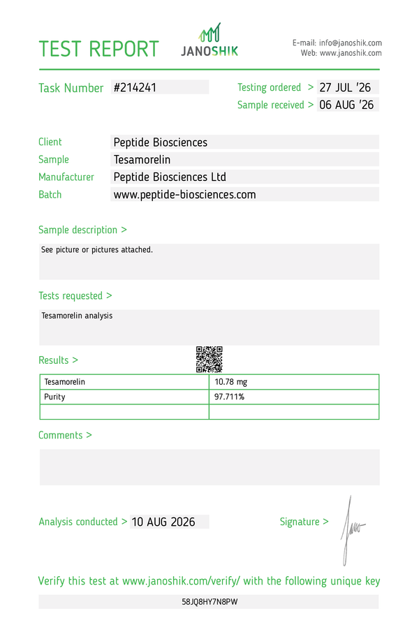 Tesamorelin Certificate of Analysis (HPLC purity report)