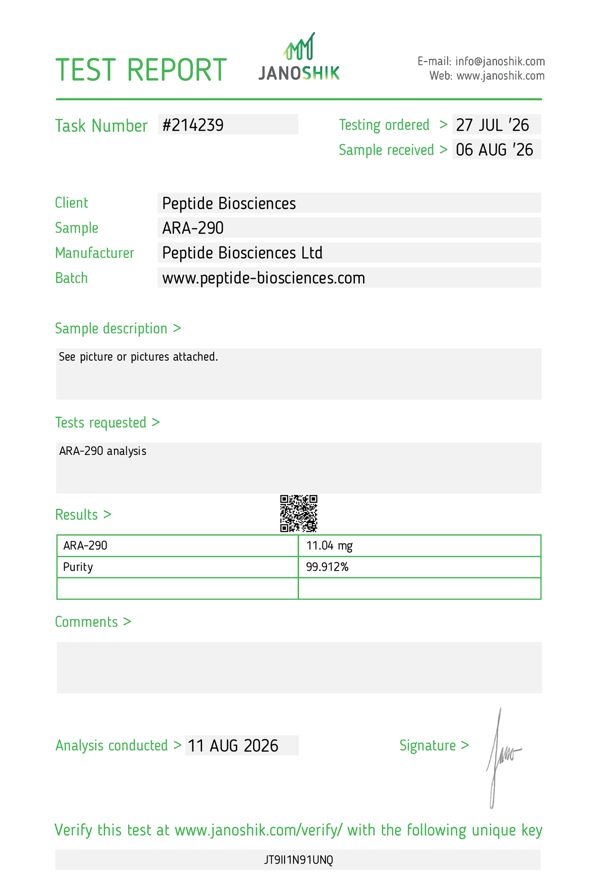 Ara-290 Certificate of Analysis - Peptide Biosciences UK