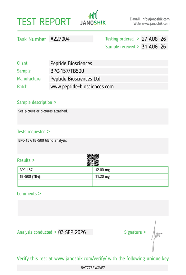 BPC-157 + TB-500 Blend Certificate of Analysis (HPLC purity report)